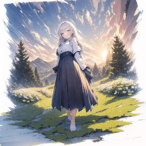 [(white background:1.5)::5], hexagon,masterpiece, best quality,
1 girl, mid shot, full body, day, dusk, sun, the top of the hill, on a hill, in a meadow, against backlight at dusk, 
<lora:gachaSplashLORA_gachaSplashFarShot:1>,