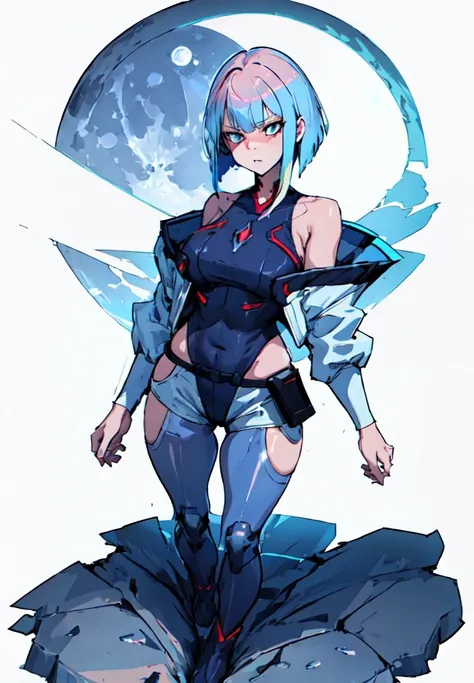 <lora:GachaSplash3:0.9> [(simple background:1.5),::5] [(white background:1.5),::5] hexagon, (isometric:1.3), (moon:1.2), detailed moon, 1girl, wide shot, full body, (cyberpunk:1.2)

<lora:LucyEdgerunners:0.7> short hair, breasts, closed mouth, crying, frowning, blue eyes, lucy \(cyberpunk\), multicolored hair, pink hair, blue hair, leotard, shorts, white shorts, pants, white jacket, jacket, thigh cutout, pantyhose, red eyeliner, bob cut