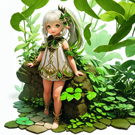 [(white background:1.5)::5], isometric , mid shot, full body, detailed illustration, detailed face and eyes, nahida, kid, 1girl, solo, green eyes, side ponytail, multicolored hair, pointy ears, dress, white hair, gradient hair, bracelet, hair ornament, jungle, full body,<lora:nahida-g-768-ar2:0.9> <lora:gachaSplashLORA_gachaSplashFantasy20:0.9>