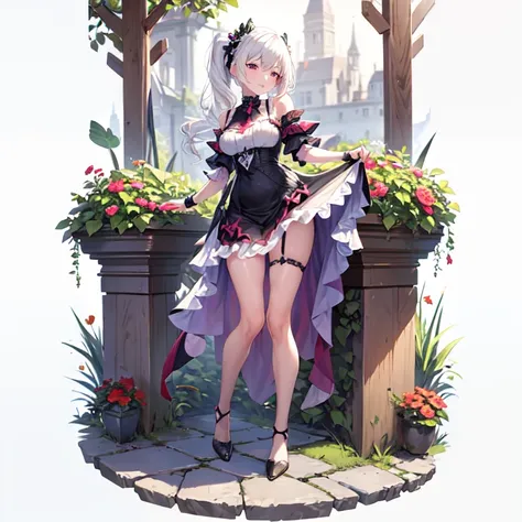 masterpiece, best quality, detailed, [(white background:1.5)::5], hexagon, 1 girl, mid shot, full body, detailed faces, standing, garden, glass, flower, stone arch, <lora:gachaSplashLORA_gachaSplashFarShot:0.25>,  <lora:HonkaiImpactSeeleWhite5concepts_10:0.2>,  <lora:oousoStyle_v10:0.2>,  <lora:skadi_v1:0.25>, panties, lift dress, white hair,