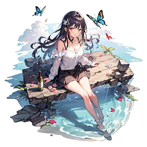 [(white background:1.5)::5], (bottle bottom:0.9), 1 girl, mid shot, full body, butterflies, floating petal, stone fragment, beautiful detailed water, cloud, sun, dusk, sunset, beautiful detailed cloud, <lora:Gacha Splash fantasy:0.6>  <lora:Colorwater_v4:0.4>