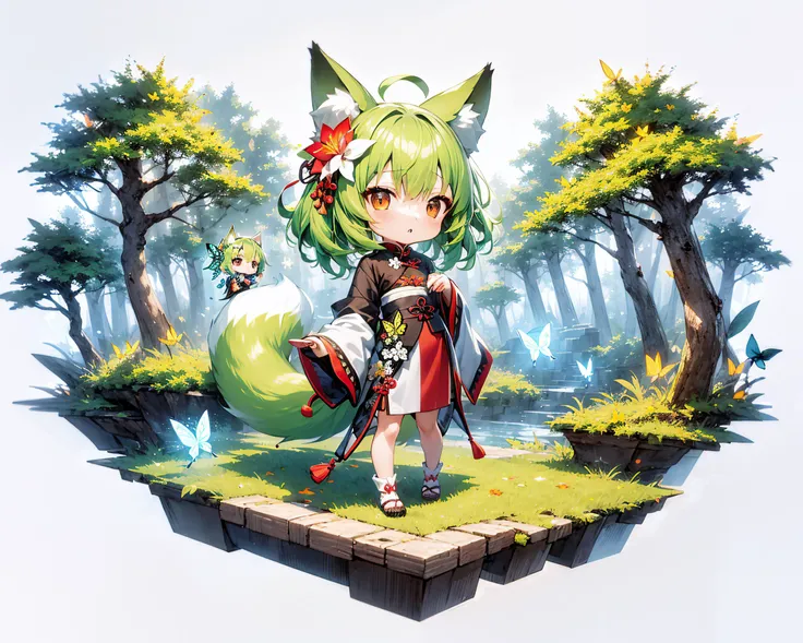 [(white background:1.5),::5] (isometric:1.0), double exposure, bubble,
mid shot, full body,
//
(chibi:1.4),masterpiece, best quality, 1girl, light green hair, fox ears, fox tail, chinese clothes, (leaf hair ornament), hair flower, (butterfly:1.2), forest, <lora:adaptedmodel:1> <lora:lihui4JXK-b2-bf16-128-128-1-re3-ep1-768-DA-5015fix:1.0>