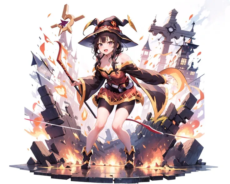 [(white background:1.5),::5]
1girl, Megumin. mid shot, full body, explosion, explosion clouds, Meguimin's magic staff, sky, light particles, night, starry sky <lora:lihui4JXK-b2-bf16-128-128-1-re1-ep3-768-DA-5015fix:1>