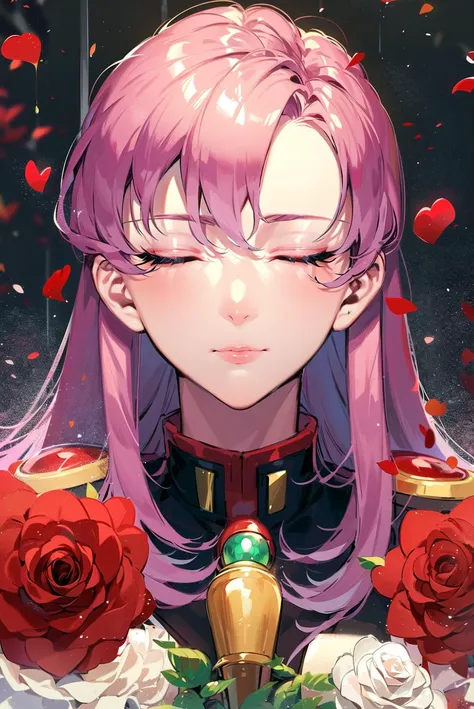 ((masterpiece,best quality, detailed)), 1girl, solo, solo focus,
<lora:TenjouUtenaV1-000003:0.8>, (tenjou utena), portrait, closed eyes, epaulettes, aiguillette, black jacket, shiny hair,
white rose, flower bed, flower, floral background, (red rose:1.3), rose petals
