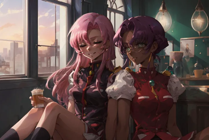 masterpiece,best quality,2girls,looking at another,sitting,cafe,
AND masterpiece,best quality,2girls,looking at another,sitting,cafe,(1girl,tenjou utena,pink hair,long hair, school uniform, closed eyes,(smirk),<lora:TenjouUtenaV2_2:0.8>),
AND masterpiece,best quality,2girls,looking at another,sitting,cafe,(1girl,himemiya anthy,purple hair,green eyes, (dark skin, dark-skinned female), short hair, glasses, school uniform, jewelry, earrings,(light smile),<lora:revgirlutena_himemiya:0.8>),