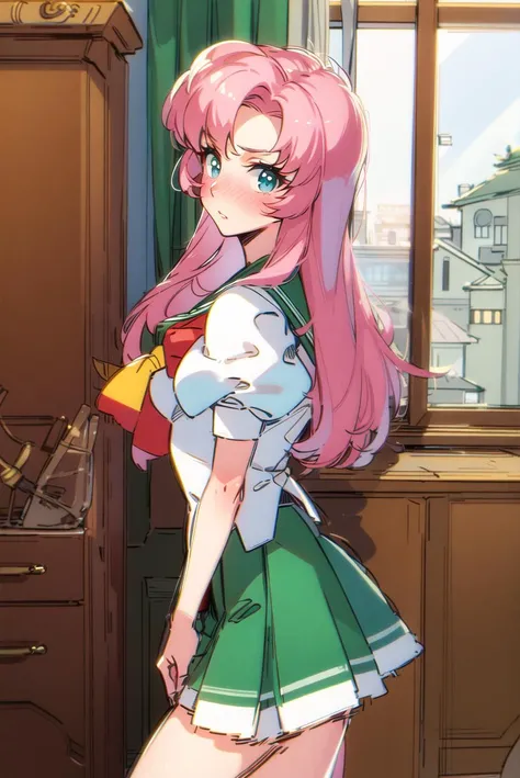 ((masterpiece,best quality, detailed)), indoors, from side, blush, embarassed, looking at viewer, 1girl, solo, solo focus,
<lora:TenjouUtenaV1-000003:0.75>, tenjou utena, school uniform, serafuku, sailor collar, green skirt, puffy sleeves