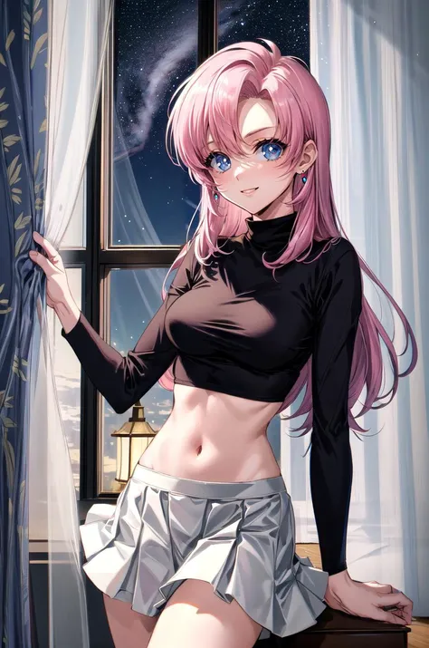 (masterpiece, best quality, detailed), 1girl, solo, indoors, window, night sky, bedroom, curtains, lamp, smile, closed mouth,
tenjou utena, turtleneck sweater, earrings, midriff, groin, skirt <lora:TenjouUtenaV2_2-000006:1> <lora:more_details:0.5>