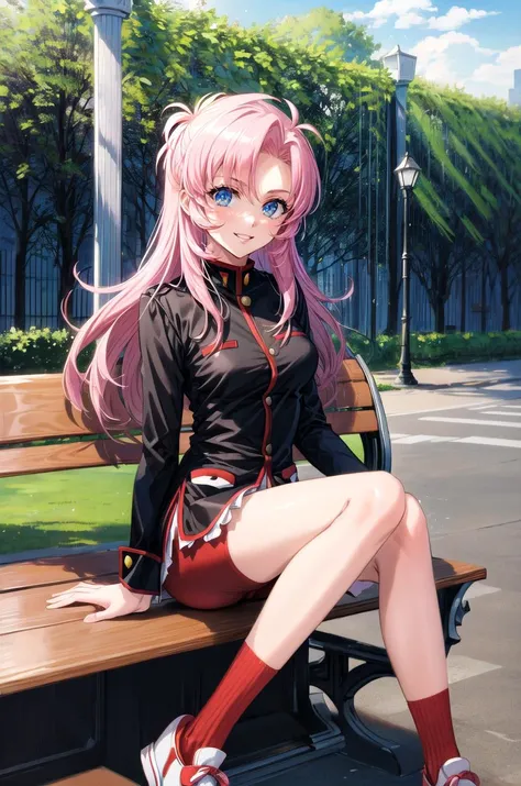 (masterpiece, best quality, detailed), 1girl, solo, outdoors, building, bench, hedge, sitting, looking at viewer, smile,
tenjou utena, black jacket, red shorts, red socks, shoes <lora:TenjouUtenaV2_2-000006:1> <lora:more_details:0.5>