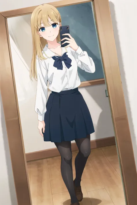 <lora:Goshiki_Shiori_v10:0.75> ,yellow hair, blue eyes, smile, pantyshot, lifting skirt, panties, white shirt, school uniform,
closed mouth , standing, medium breasts, indoors, breasts, mirror, holding phone, taking a picture,
(high quality:1.1), 1girl , detailed background, knees up, full body,<lora:OffsetNoise Anime:1.0>