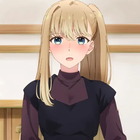 <lora:Goshiki_Shiori_v10:1> ,yellow hair, blue eyes, long hair, light smile, dress, red jacket, ponytail,
open mouth, :o , standing, medium breasts, indoors, full face blush,
(high quality:1.1), 1girl , upper body, simple background, close-up,<lora:OffsetNoise Anime:1.0>
