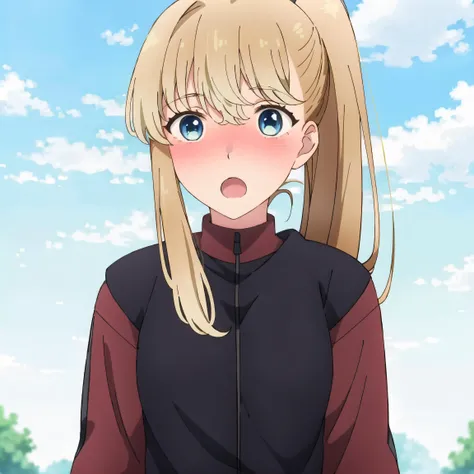 <lora:Goshiki_Shiori_v10:0.8> ,yellow hair, blue eyes, jacket ,( red jacket:1.1), ponytail, surprised, 
open mouth, (:o:1.2) , standing, medium breasts, outdoors, full face blush,
 (high quality:1.1), 1girl , upper body, simple background, close-up,<lora:OffsetNoise Anime:1.0>