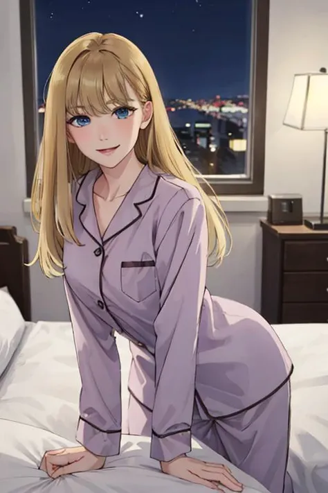 (masterpiece:1.2, best quality),
solo, (slender),
pov, looking at viewer, detailed face,
<lora:Goshiki_Shiori_v10:0.5>
blonde hair, blue eyes, long hair, medium breasts, smile,
(Pajamas),
(on bed),
(dynamic pose:1.4), (dynamic angle:1.2), leaning forward,
(night:1.3), (hotel bedroom:1.2), bed, window, pillow,