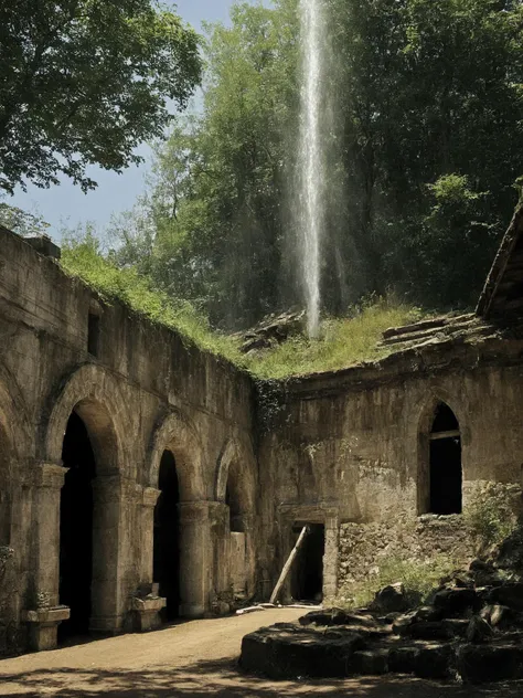 building, art by Hubert Robert, architecture of a Garage, hillside, Arcane hue, idyllic,
