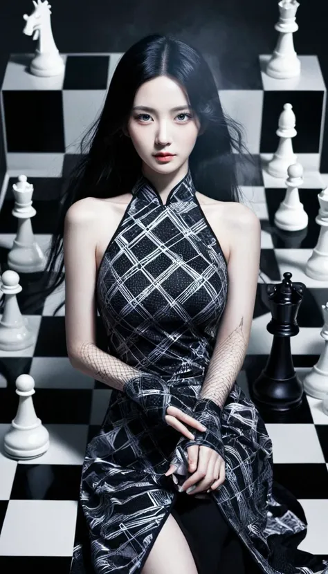 black and white theme,Sense of coordination,sense of order,mathematics beauty,(((cover design))),(((((cover art))))),official art,(Master's work),full body,
1girl,gloves,blue eyes,black hair,dress,breasts,high heels,chinese clothes,
chessboard,chess,white geometry,black geometry,reflection,pattern_design,creative,Mystery pattern,black crystal decorate,black crystal,(architectural art),((geometric art)),pattern design,creative,
Low saturation,grand masterpiece,Perfect composition,film light,light art,lost in hell,Double Exposure Style,Volumetric Lighting,a girl with Wrap top,arching her back,Traditional Attire,Artistic Calligraphy and Ink,light depth,dramatic atmospheric lighting,Volumetric Lighting,double image ghost effect,image combination,double exposure style,