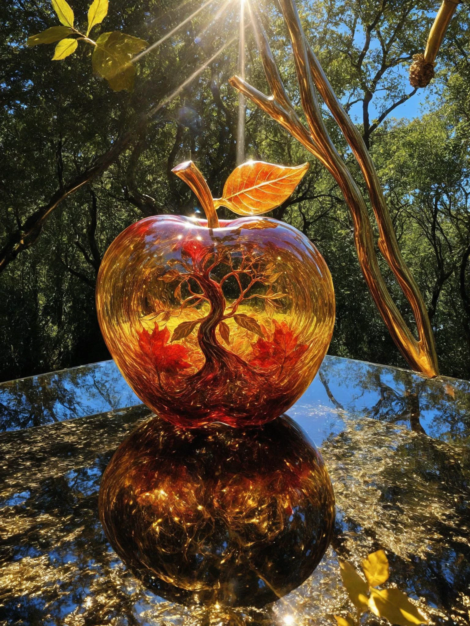 photograph, photorealistic, ultra-realistic, intricately detailed, wide angle, fine fractal glossy vivid colored shiny contours outlines of a glass apple with a ("a glowing golden flying female fairy uses her wand to transform a tree to solid gold") inside, surreal, gradient, windy, petals floating on the wind, swirling ribbons of ink and light. linquivera, liiv1,