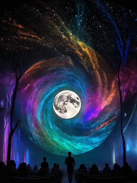 (Glowing ambiance, enchanting radiance, luminous lighting, ethereal atmosphere, mesmerizing glow, evocative hues, captivating coloration, dramatic lighting, enchanting aura), ink painting, ((moon:1)), (masterpiece, top quality, best quality, official art, beautiful and aesthetic:1.2), 1girl, extreme detailed, (joshua middleton cover art:1.1), (Action painting:1.2), (concretism:1.2), theater dance scene, (hypermaximalistic:1.5), colorful, highest detailed,