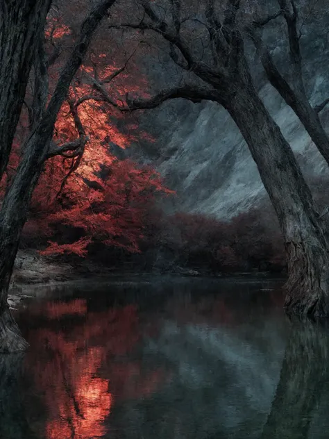 depict a cascaded landscape with low twilight red lights reflected on a beautiful lake surrounded by cascaded mountains. BREAK the tree of life illuminating red colored fumes, grounded in the middle of the lake casting its shadows across the scene.
ultra-realistic, mysterious, mystical, high dynamic range, 3 dimensional.
