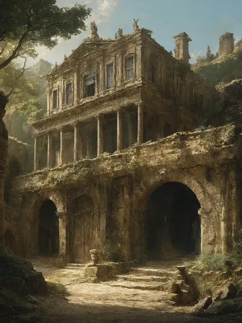 building, art by Hubert Robert, architecture of a Garage, hillside, Arcane hue, idyllic,