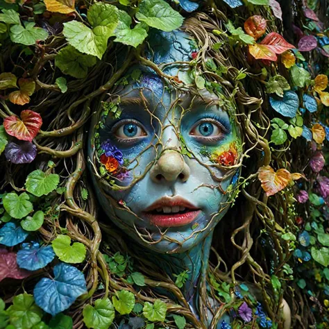 (8k, Best quality, Masterpiece),Super Detail,Real,light depth,dreamy magical atmosphere,people's bodies are covered by colorful vines,solo,vines grow all over the eyes,mouth and other organs, realistic,hyperkraximalism,strange and incongruous patterns,strange and show, penetrates through the strange in shadows, weird deformed scrood
