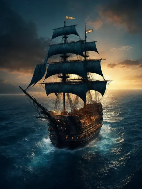 masterpiece, best quality, 32k, fantasy art Boris Vallego, night soft lighting, (highly detailed skin:1.2), ( highly detailed backgrounds:1.4), clear and sharp background and surroundings:1.4, ship Flying Dutchman, ocean depth, water, night, detailed textures, simple necklace, night lighting,