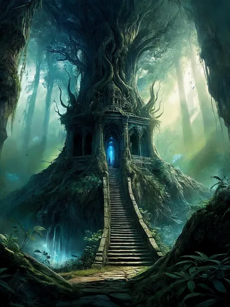 alien-themed narrow path to (ruined temple:1.1), dense forest, waterfall of energy, twisted trees, fractal vines, glowing flowers, overgrown, dark, low key, god rays, mystical, unbelievable, epic, (ori and the blind forest style:1.1), oil and watercolor painting, mystical dense fog, epic scene, haunting mist, dark fantasy art. extraterrestrial, cosmic, otherworldly, mysterious, sci-fi, highly detailed, narrow path to (ruined temple:1.1), dense forest, waterfall of energy, twisted trees, fractal vines, glowing flowers, overgrown, dark, low key, god rays, mystical, unbelievable, epic, (ori and the blind forest style:1.1), oil and watercolor painting, mystical dense fog, epic scene, haunting mist, dark fantasy art, cinematic, striking, extremely beautiful, very inspirational, detailed, stunning, surreal, lucid color, perfect composition, intricate, elegant, innocent, symmetry, light, highly coherent, complex, magical atmosphere, great, hopeful, positive, unique, joyful, thought, pristine, cute, inspiring, pretty, artistic, enhanced, vibrant, deep colors, precious.