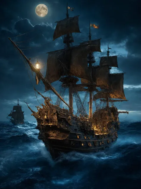 masterpiece, best quality, 32k, fantasy art Boris Vallego, night soft lighting, (highly detailed skin:1.2), ( highly detailed backgrounds:1.4), clear and sharp background and surroundings:1.4, ship Flying Dutchman, ocean depth, water, night, detailed textures, simple necklace, night lighting,