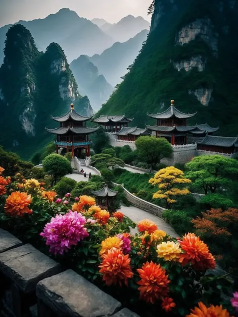 UHD photo of flowers trees and animals in Chinese landscape paintings, intricate details, fractal art, Calligraphy, Petros Afshar, tilt shift shot, high dynamic range, vivid, rich details, clear shadows and highlights, realistic, intense, enhanced contrast, highly detailed,