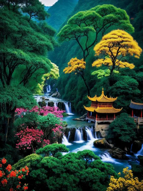 UHD photo of flowers trees and animals in Chinese landscape paintings, intricate details, fractal art, Calligraphy, Petros Afshar, tilt shift shot, high dynamic range, vivid, rich details, clear shadows and highlights, realistic, intense, enhanced contrast, highly detailed,