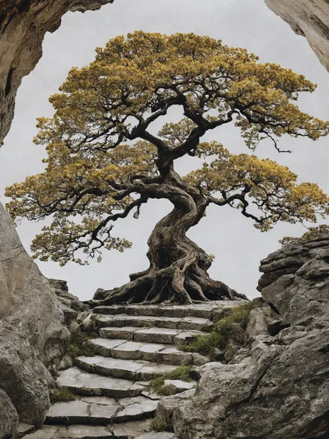 masterpiece, art by Akseli Gallen Kallela, colorful,(ultrarealistic but extremely beautiful:1.4), (best quality:1.2), (high detailed), inkpunk,ink stains,(ink splashes:1.5), (on parchment an old twisted oak tree on a spiral rock mountain:1.1), clear focus, amazing composition, stones, dust, sand, water puddles, water splashes, (on parchment fragment of mysterious magnificent ruins of baroque palaces with Baroque ornaments:1.5), ((high spiral white stairs)), award-winning, professional, highly detailed, (white background:2), black brown gold,