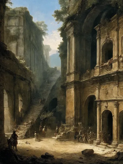 building, art by Hubert Robert, architecture of a Garage, hillside, Arcane hue, idyllic,