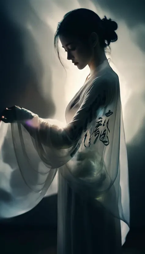 Double Exposure Style,Volumetric Lighting,a girl with Wrap top,arching her back,Traditional Attire,Artistic Calligraphy and Ink,light depth,dramatic atmospheric lighting,Volumetric Lighting,double image ghost effect,image combination,double exposure style,