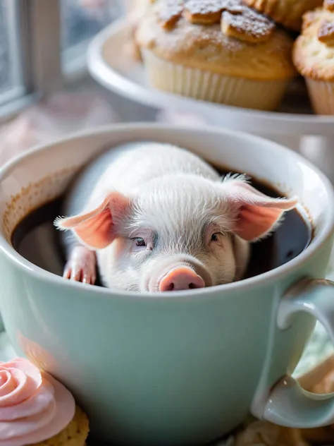 A tiny cute pig curled up asleep inside a coffeecup, (Soft Focus), (f_stop 2.8), (focal_length 50mm) macro lens f/2.8, surrounded by (scattered) pastries, (pastel) colors, (cozy) morning light filtering through a nearby window, (whimsical) steam shapes, captured with a (Canon EOS R5), highlighting (serene) comfort, (miniature) whimsy,
