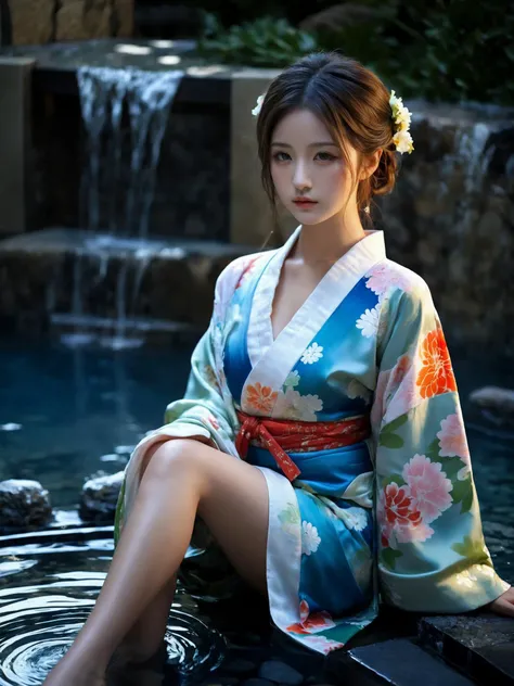 1girl, full of youthful breath, perky breasts, cleavage, wavy hair, detailed face, detailed eyes, offshoulder, lowkey, colorful Japanese yukata, deep shadow, dramatic lighting, perfect body, (natural makeup:1.2), (upper thighs shot:1.3),
by Japanese garden hot spring pool, hot steam,
Photorealistic image, Best quality, masterpiece, ultra high res, (photorealistic:1.5),