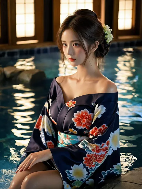 1girl, full of youthful breath, perky breasts, cleavage, wavy hair, detailed face, detailed eyes, offshoulder, lowkey, colorful Japanese yukata, deep shadow, dramatic lighting, perfect body, (natural makeup:1.2), (upper thighs shot:1.3),
by Japanese garden hot spring pool, hot steam,
Photorealistic image, Best quality, masterpiece, ultra high res, (photorealistic:1.5),