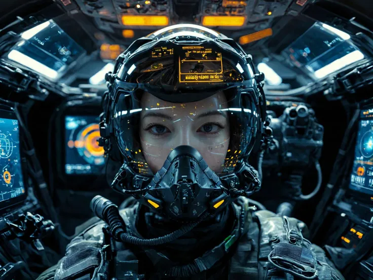 from front, A female jet fighter pilot from the future wearing a pilot helmet with LED interactive screen and HUD heads-up display on the visor, target system displayed on the visor, communication system, oxigen tube, sitting inside a F35 cockpit, jet flying in sky, cockpit view, cinematic scenes, cinematic shots, cinematic lighting, volumetric lighting, ultra-detailed, highly detailed, hyper-detailed, realistic, ultra-realistic, hyperrealistic, HD, IMAX, 8K resolutions, ultra resolutions, sharp focus, magnificent, best quality, masterpiece,