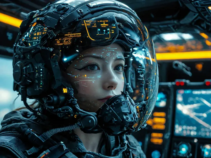 from front, A female jet fighter pilot from the future wearing a pilot helmet with LED interactive screen and HUD heads-up display on the visor, target system displayed on the visor, communication system, oxigen tube, sitting inside a F35 cockpit, jet flying in sky, cockpit view, cinematic scenes, cinematic shots, cinematic lighting, volumetric lighting, ultra-detailed, highly detailed, hyper-detailed, realistic, ultra-realistic, hyperrealistic, HD, IMAX, 8K resolutions, ultra resolutions, sharp focus, magnificent, best quality, masterpiece,