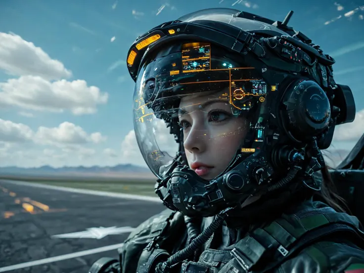 from front, A female jet fighter pilot from the future wearing a pilot helmet with LED interactive screen and HUD heads-up display on the visor, target system displayed on the visor, communication system, oxigen tube, sitting inside a F35 cockpit, jet flying in sky, cockpit view, cinematic scenes, cinematic shots, cinematic lighting, volumetric lighting, ultra-detailed, highly detailed, hyper-detailed, realistic, ultra-realistic, hyperrealistic, HD, IMAX, 8K resolutions, ultra resolutions, sharp focus, magnificent, best quality, masterpiece,