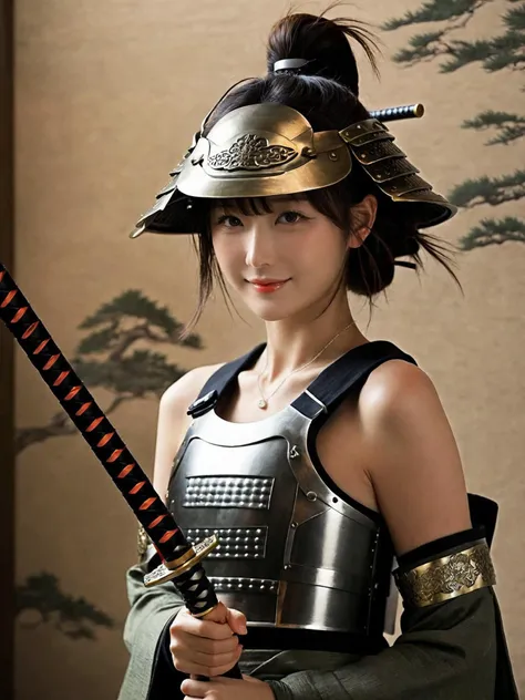 1girl, (Japanese sexy idol:1.2), perky breasts, cute, pretty, athlete, (wavy hair), bangs, smile, slim body, thigh, hair accessories, necklace, earrings, holding a katana, professional lighting, realistic shadow, (Ancient Japanese samurai luxury short armor and helmet:1.6), Japanese traditional Japanese room, (upper thighs shot:1.3),
award winning, perfect body shape, (natural skin texture, hyperrealism, sharp focus), stunning, exquisite, gorgeous, dynamic pose, exquisite details and textures, wide angle view,