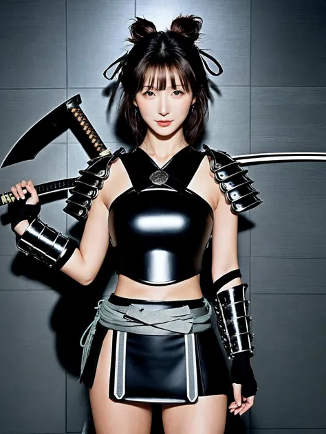 1girl, (Japanese idol:1.2), perky breasts, cute, pretty, athlete, (wavy hair), bangs, smile, slim body, thigh, hair accessories, necklace, earrings, holding a katana, professional lighting, realistic shadow, (Ancient Japanese samurai luxury short armor and helmet:1.6), Japanese traditional Japanese room, (upper thighs shot:1.3),
award winning, perfect body shape, (natural skin texture, hyperrealism, sharp focus), stunning, exquisite, gorgeous, dynamic pose, exquisite details and textures, wide angle view,