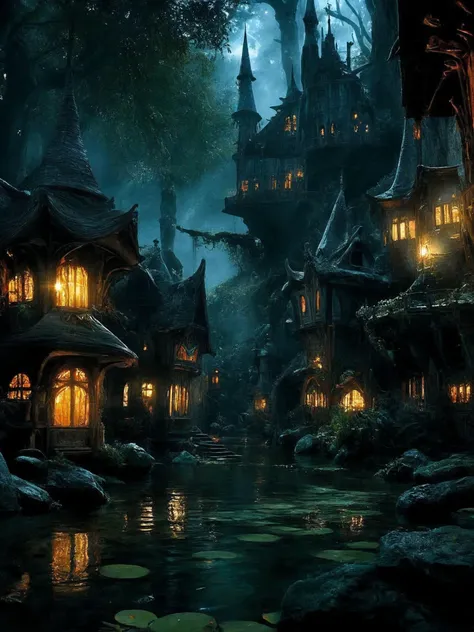 dreamscape a surreal dreamscape of a dark scifi fairy village, filled with ethereal mystery amidst fantastical elements that captivate viewers in an enchanting manner,
surreal, ethereal, dreamy, mysterious, fantasy, highly detailed,