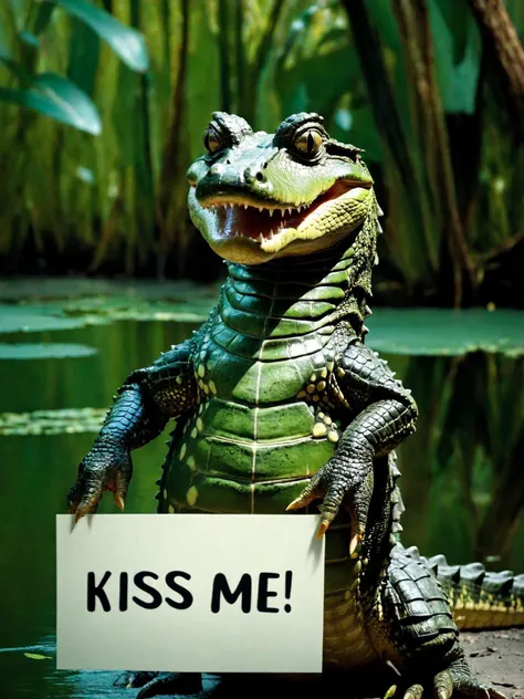 A crocodile, (cute, charming, coquettish, with charming expression and eyes), by the swamp, (holding a sign with the word "Kiss Me":1.5),
concept art, digital artwork, illustrative, painterly, matte painting, highly detailed,