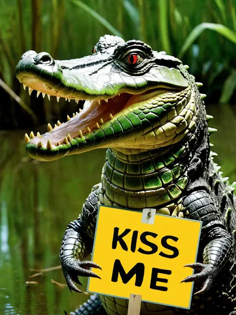 A crocodile, (cute, charming, coquettish, with charming expression and eyes), by the swamp, (holding a sign with the word "Kiss Me":1.5),
concept art, digital artwork, illustrative, painterly, matte painting, highly detailed,