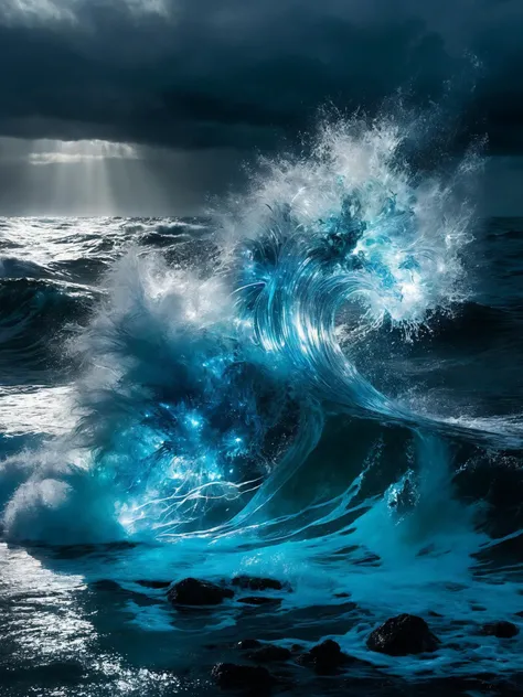 [Masterpiece. Realistic. Transparent Beings. Everything in this universe is  out of sparkling glass crystals. A vessel riding in stormy ocean. Water explosions. Transparent or silver body parts.], detailed, romantic, very inspirational, beautiful, elegant, lovely, cute, pretty, modern, epic composition, fabulous atmosphere, cinematic light, dynamic dramatic ambient, Vibrant Colors,