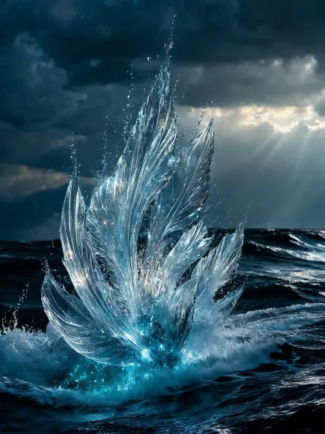 [Masterpiece. Realistic. Transparent Beings. Everything in this universe is  out of sparkling glass crystals. A vessel riding in stormy ocean. Water explosions. Transparent or silver body parts.], detailed, romantic, very inspirational, beautiful, elegant, lovely, cute, pretty, modern, epic composition, fabulous atmosphere, cinematic light, dynamic dramatic ambient, Vibrant Colors,