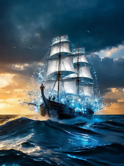 [Masterpiece. Realistic. Transparent Beings. Everything in this universe is  out of sparkling glass crystals. A vessel riding in stormy ocean. Water explosions. Transparent or silver body parts.], detailed, romantic, very inspirational, beautiful, elegant, lovely, cute, pretty, modern, epic composition, fabulous atmosphere, cinematic light, dynamic dramatic ambient, Vibrant Colors,
