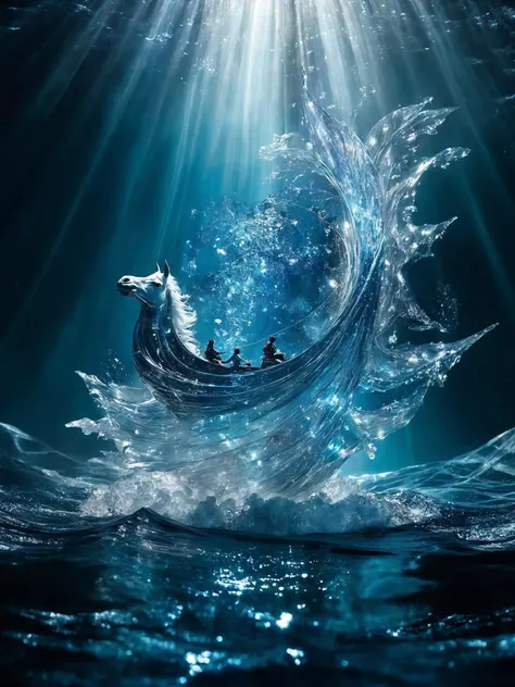 [Masterpiece. Realistic. Transparent Beings. Everything in this universe is  out of sparkling glass crystals. A vessel riding in stormy ocean. Water explosions. Transparent or silver body parts.], detailed, romantic, very inspirational, beautiful, elegant, lovely, cute, pretty, modern, epic composition, fabulous atmosphere, cinematic light, dynamic dramatic ambient, Vibrant Colors,