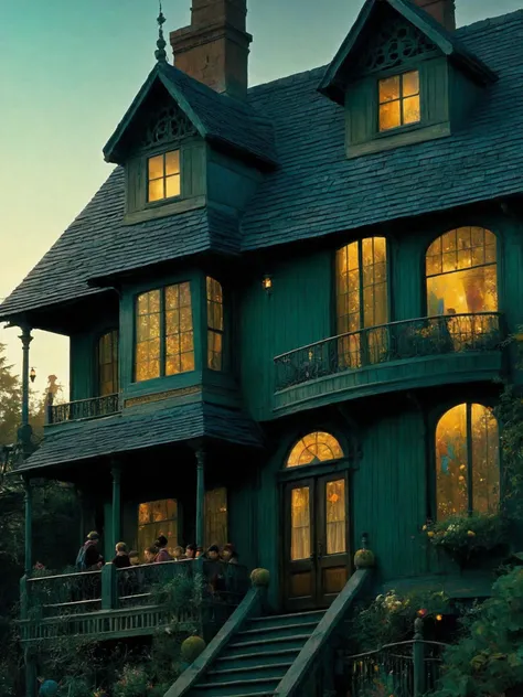 full frame shot, a fussy house with windows and stuff on it's side and people inside, Daniel Merriam, fairy tale illustration, a storybook illustration, art, magical deep shadows, ultra-realism,