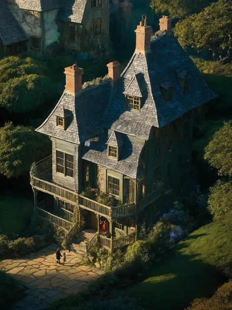 full frame shot, a fussy house with windows and stuff on it's side and people inside, Daniel Merriam, fairy tale illustration, a storybook illustration, art, magical deep shadows, ultra-realism,
