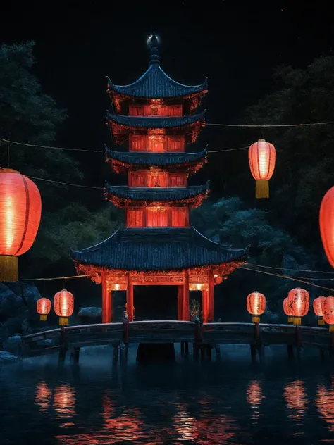 (a painting of a Chinese Lunar New Year dragon flying over a river), digital painting of a pagoda, beautiful lit lamps, inspired by Igor Morski, flying black marble balls, beautiful - n 9, lanterns on the porch, art render, 'the red citadel, by Claire Falkenstein, hot air balloons, eerie, enchanted dreams. moon, moonlight,