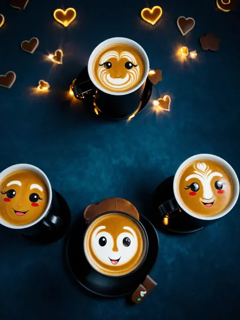 two mugs with cute 3d character faces, filled with coffee, sharing a cozy moment together on a fantasy art wall, at night, bright spotlight, bright sky,